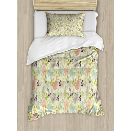 Vintage Style Bedding Sets Butterfly Duvet Cover Set, Vintage Inspirations in Soft Colored Floral Arrangement with Sketch Style Animals, Decorative Bedding Set with Pillow Shams, Multicolor, by Ambesonne ()