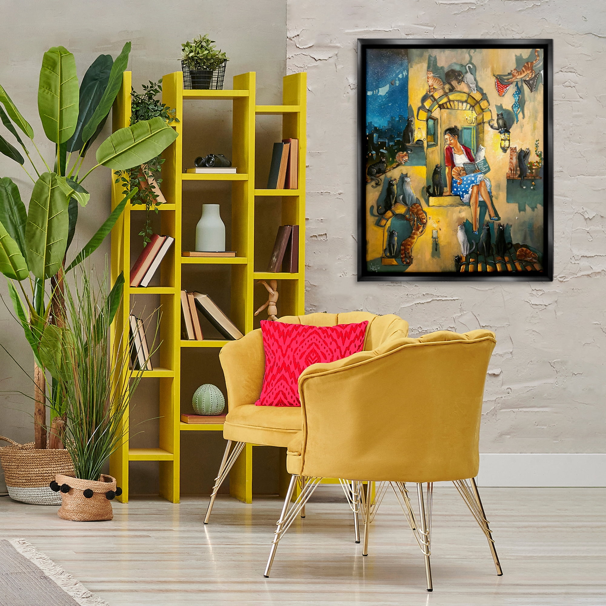 Stupell Industries Window Scene with Cats Town & City Painting Black Floater Framed Canvas Art Print Wall Art, 25 x 31