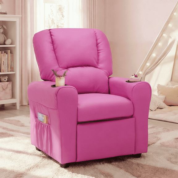 Snugway Kids Recliner Chair, Faux Leather Toddler Armchair with 2 Cup Holders & Side Pocket, Hot Pink, 90lbs Capacity for 1 Years Old