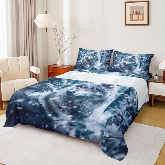 Castle Fairy Kids Teens Adults Wildlife Wolf Twin Sheet Sets 3pcs,Winter Woodland Twin Fitted Sheet Microfiber,Jungle Animal Breathable Flat Sheet,Microfiber Bedroom Decor