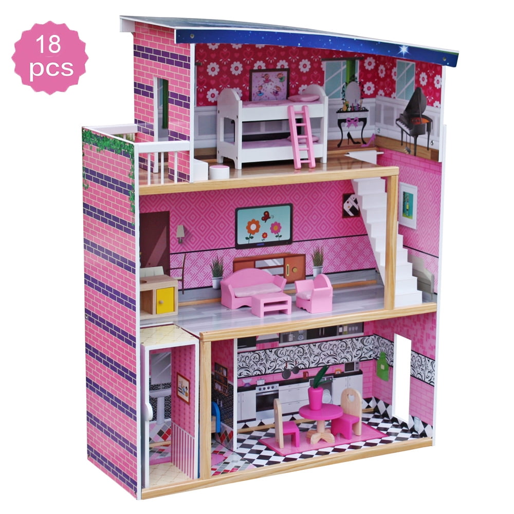 Pink Doll Cottage Dollhouse w// Furniture Kids Wooden House Playset Children Toy