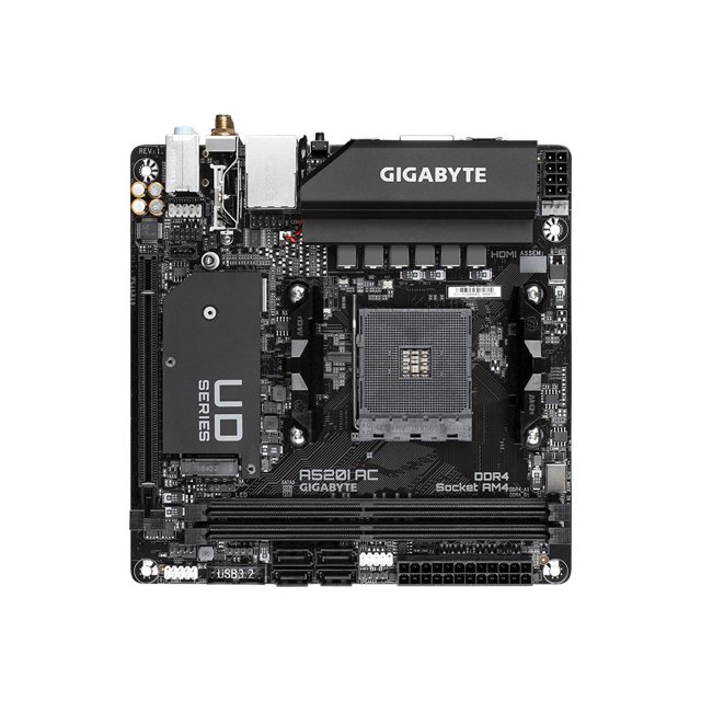GIGABYTE A520I AC mITX AM4 Direct 6 Phases Digital PWM with 55A DrMOS, GIGABYTE Gaming GbE LAN, Intel WiFi+Bluetooth, NVMe PCIe 3.0 x4 M.2, 3 Display Interfaces, Q-Flash Plus, RGB Fusion 2.0, Motherbo