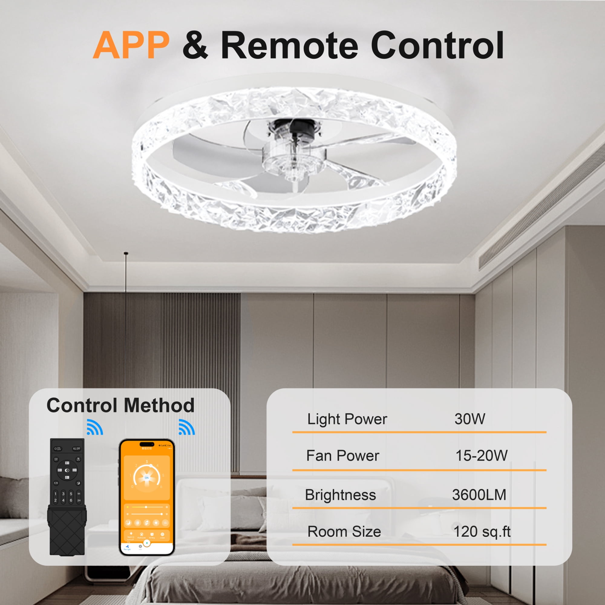 Leumius 19.7" Ceiling Fans with Lights Remote and APP Control, Dimmable 3-Color and 6-Speed quiet DC Motor, Ceiling Fan for Living Room Bedroom White