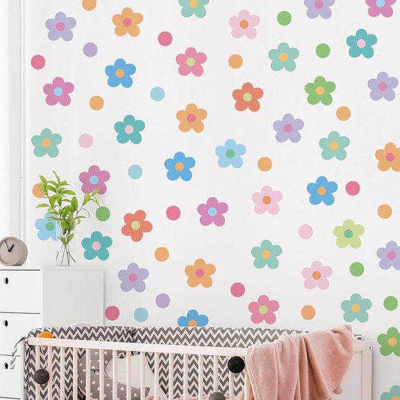 DTLIFEK 10 Sheets Daisy Wall Decals Colorful Flower Polka Dots Wall Stickers Boho Daisy Floral Vinyl DIY Removable Peel and Stick Wallpaper for Kids Girls Bedroom Nursery Classroom Home Decoration
