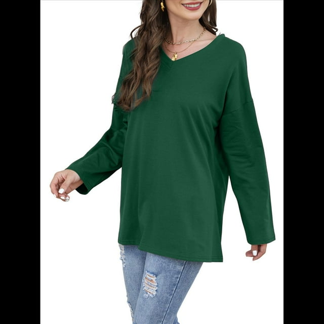 Blusas de Mujer de Larga con Cuello en V, Túnicas Casuales, Camisas Básicas, Blusas Holgadas Verde M