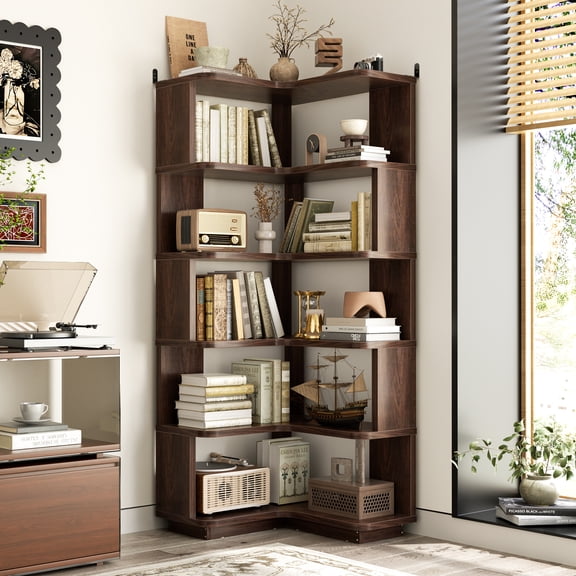 Homieasy 6-Tier Corner Bookshelf - L-Shaped Etagere Shelf with Baffles, Freestanding Storage for Living Room, Office, Bedroom,Black Walnut