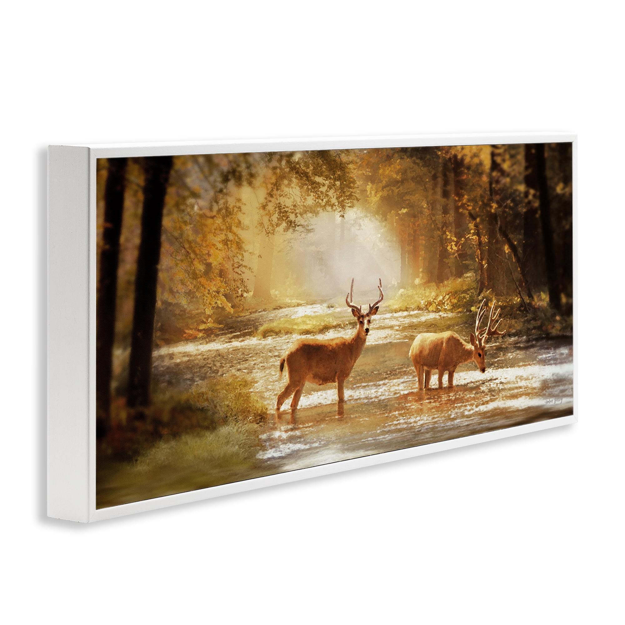 Stupell Industries Deer in Sunlit Grove Landscape Painting White Framed Art Print Wall Art, 30 x 13