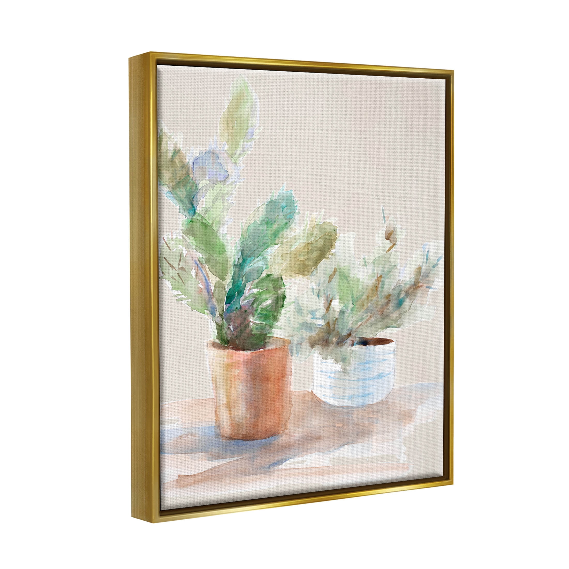 Stupell Industries Potted Cactus Plants Watercolor Painting Metallic Gold Floating Framed Canvas Print Wall Art, Design by Lanie Loreth