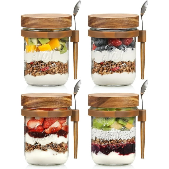 4 Pack Overnight Oats Containers with Wooden Lids and Spoons, 16oz Glass Mason Overnight Oats Jars with Lids, Large Capacity Airtight Jars for Milk, Cereal, Fruit