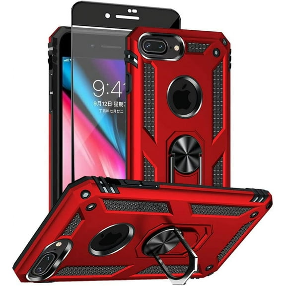 for iPhone 8 Plus Case, iPhone 7 Plus Case with HD Screen Protector, [Military Grade 16ft. Drop Tested] Ring Shockproof Protective Phone Case for iPhone 8 Plus/7 Plus,Red