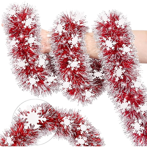 3Pcs 6.56FT Red White Christmas Tinsel Garland with Snowflake Ornaments Metallic Shiny Xmas Garland for Christmas Tree Decorations Hanging Holiday Decor for Home Party Office Mantel Staircase Indoor