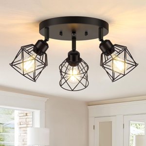 Pynsseu 3-Light Farmhouse Black Cage Flush Mount Ceiling Light