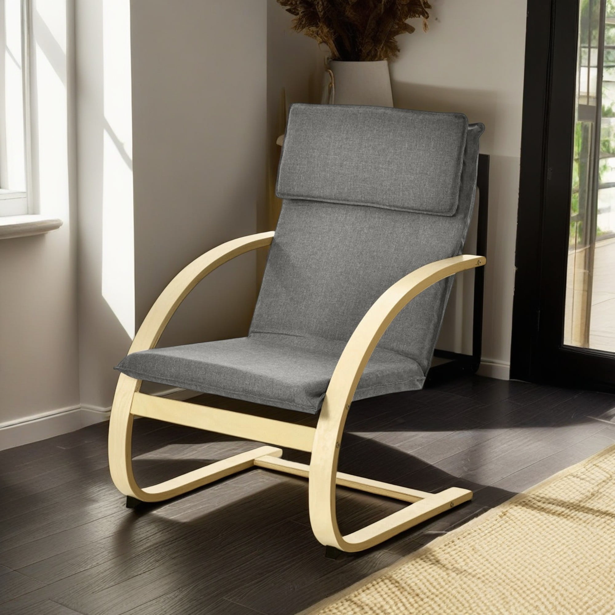Demi Bonn Bentwood Lounge Chair, Modern Fabric Upholstered Bentwood Lounge Chair, for Bedroom, Living Room, Gray