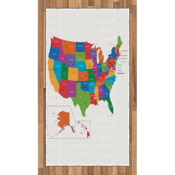 Wanderlust Area Rug, Colorful USA Map with States and Capital Cities ...