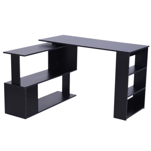 360° Rotating Corner Desk L-Shaped PC Workstation Student Writing Table with Storage Shelf Home Office Black