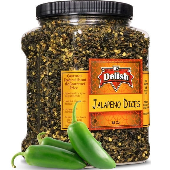 Dried Jalapeno Dices by It's Delish, 18 Oz Jumbo Container  Dehydrated Jalapenos  Diced Green Jalapeo Peppers for Chili and Sausage Making, Hot Spicy Foods  Ready to Cook Chopped Veggies  Kosher