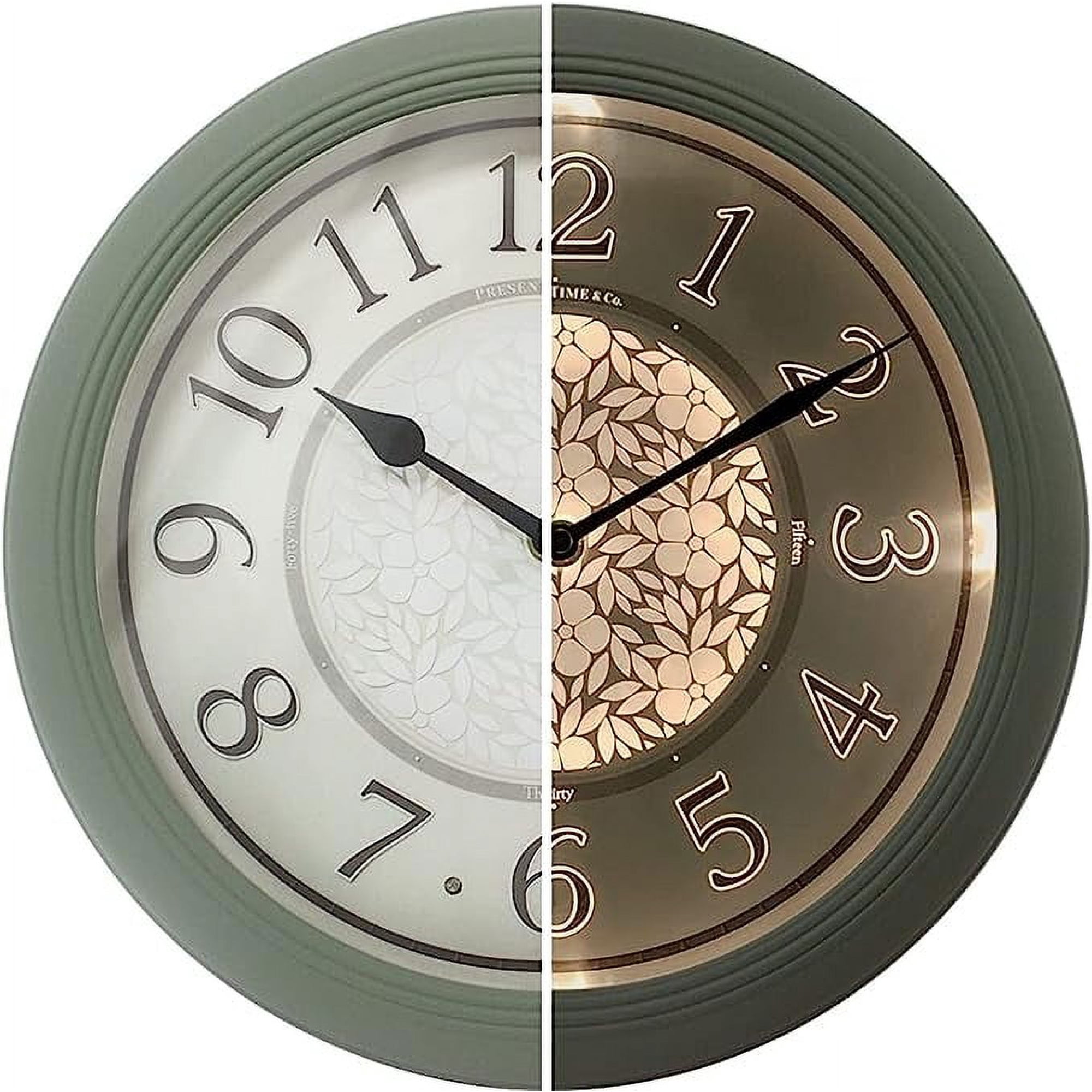 PresenTime & Co 12.6 Indoor Luminous Clock, Silent no ticking, Paris sage green, Lighted Clock with Smart Sensor to turn on/off lights in Low/bright light.