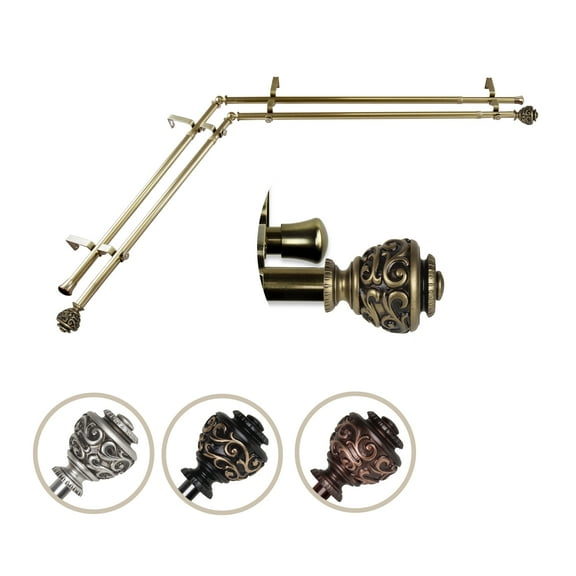 Harmony Corner Window Double Curtain Rod 13/16" dia. 28-48 inches - Antique Brass