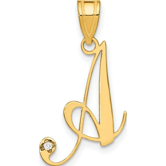 14K Yellow Gold 14Ky Script Letter A Initial Pendant With Diamond (Width 14.84) - Jbsp