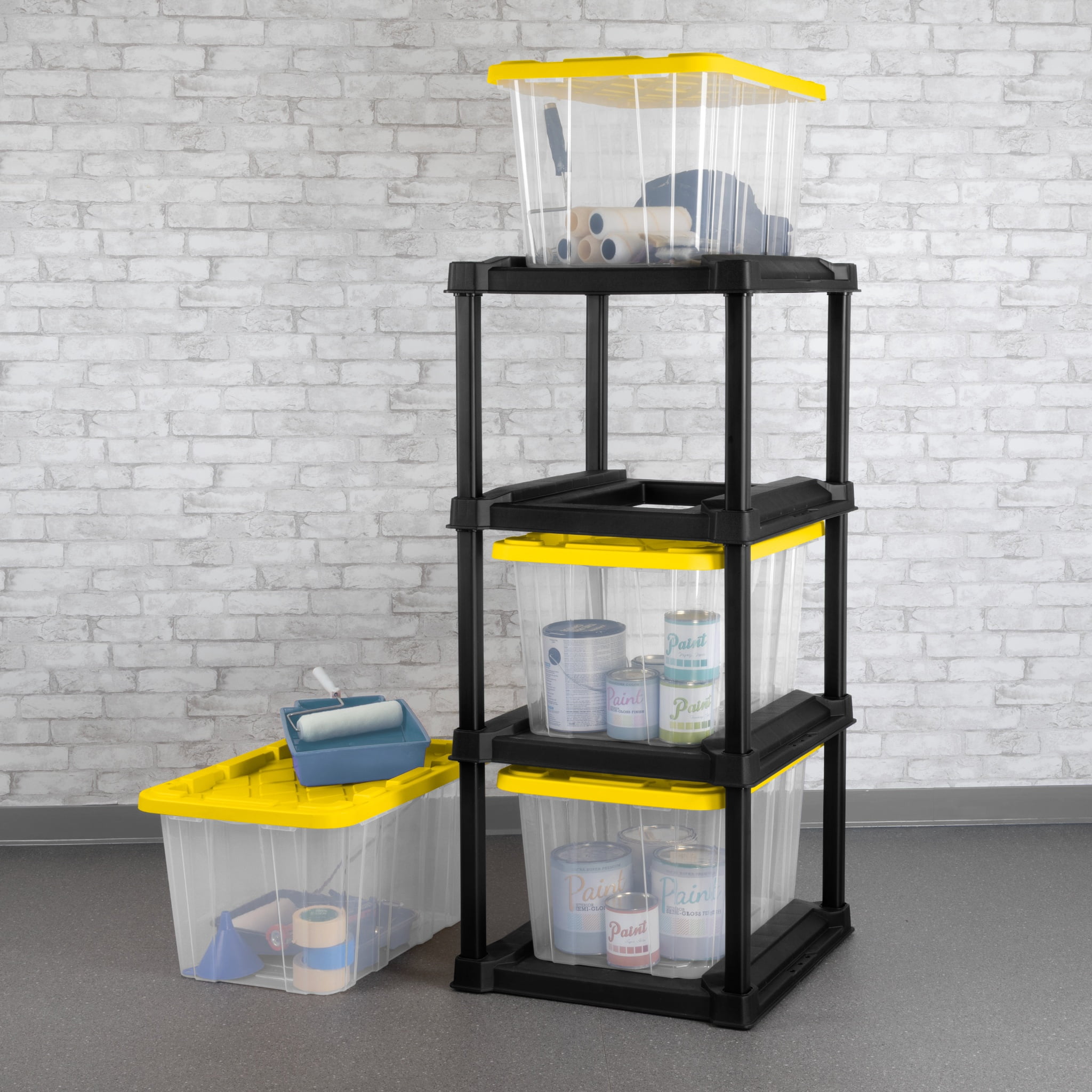 Sterilite 4-Tier Tote Rack with 4 27-Gallon Clear Storage Totes Bundle, Heavy-Duty Garage Organization