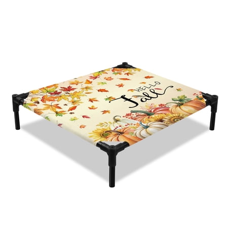 Hello Fall Elevated Dog Bed Thanksgiving Pumpkin Leaves Sunflower Watercolor Cooling Breathable Outdoor Raised Dog Cot Bed with Metal Frame Non-Slip Feet for Small Dog 20x20in