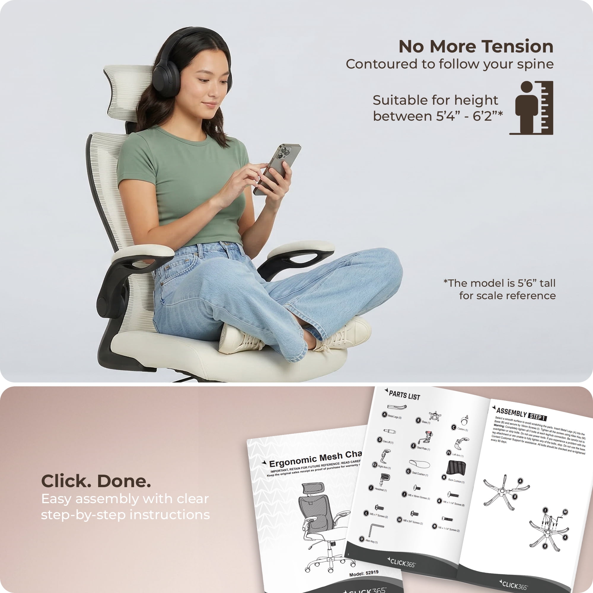 Click365 Adult Mesh High Back Indoor Commercial Ergonomic and Adjustable Headrest Office Chair Hardware Kit, Beige