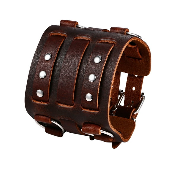 Avaner Extra Wide Mens Leather Bracelet Genuine Black Leather Bangle with Two Buckle Clasps