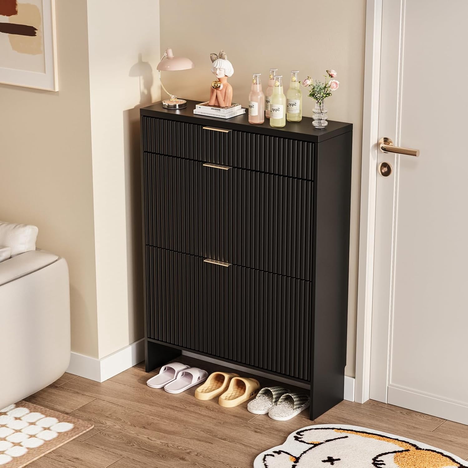 Howcool Fluted Entryway Shoe Cabinet with 2 Flip Drawers, Wood Narrow Freestanding Shoe Storage, Black