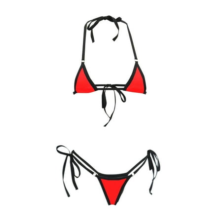 ZQGJB Sheer Mesh Halter Bikini Sets for Women Triangle String Sexy Lingerie Swimsuits 2 Piece Bathing Suit Beach Outfits(A02-Red Free Size)