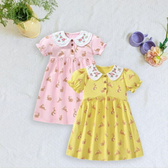 HILEELANG Toddler Girls Short Sleeve Peter Pan Collar Dress Spring Summer Cotton Casual Pink Yellow Bunny Printed Jersey Shirt Dresses 2 Packs 2T