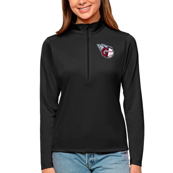 Women's Antigua Black Cleveland Guardians Tribute Quarter-Zip Pullover Top