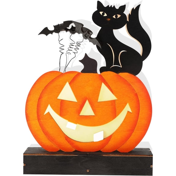 Halloween Decorations Indoor Pumpkin Lights, Battery Operated Wooden Tabletop Decor, Light Up Halloween Decor for Desk Table Fireplace Indoor Outdoor Party