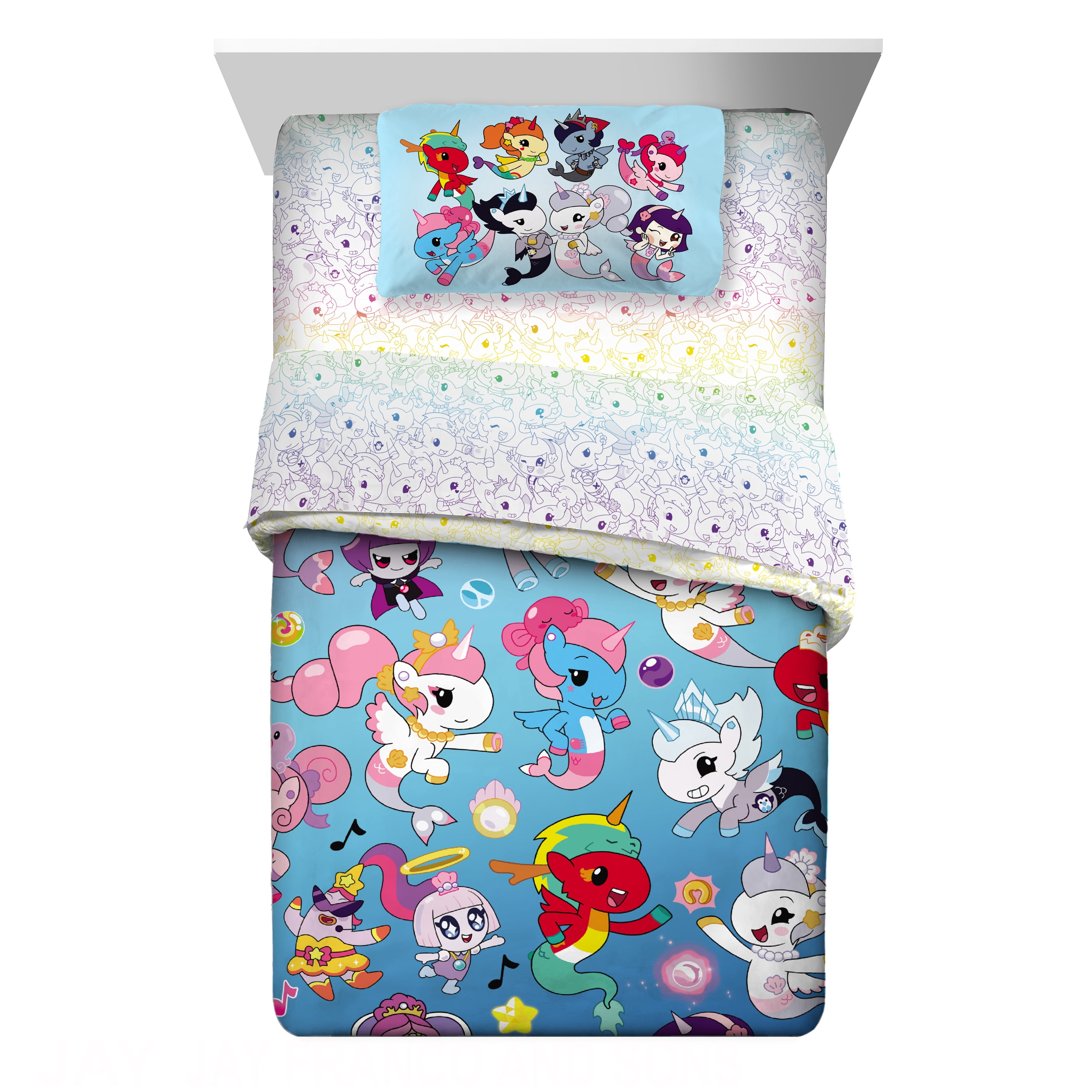 Mermicorno Starfall Kids 4 Piece Blue Reversible Comforter, Pillowcase, and Sheet Set, Twin