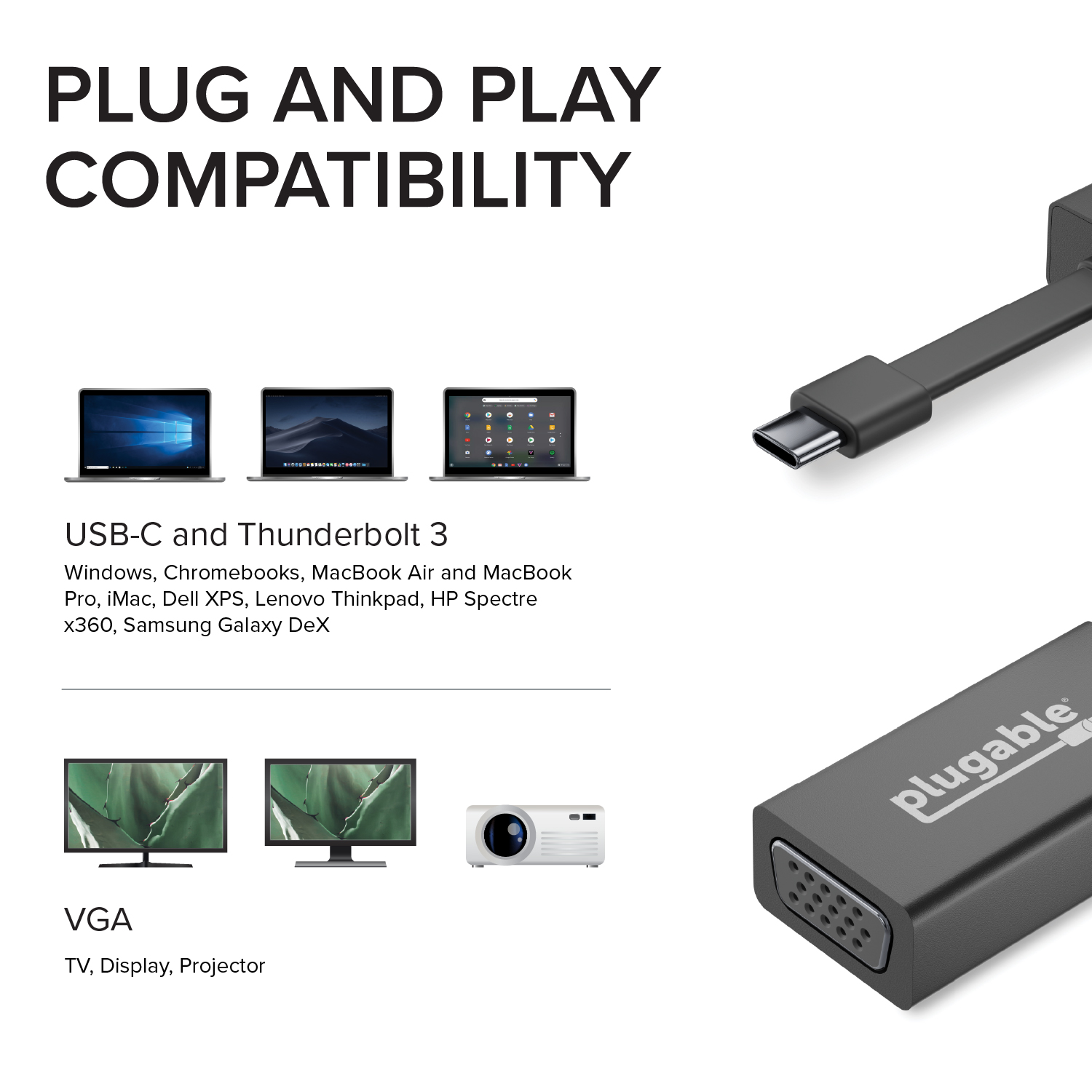 Plugable USB C to VGA Adapter, Thunderbolt 3 to VGA Adapter Compatible with Macbook Pro, Windows, Chromebooks, 2018 iPad Pro, Dell XPS, and more (Supports resolutions up to 1920x1200 @ 60Hz) - image 5 of 6