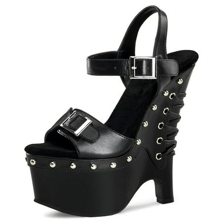 Pleaser - Womens Pleaser Beau612 Shoes Black Heel Wedge with Studs Size 9 Clearance - 0