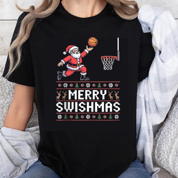 100% Cotton Merry Swishmas Santa Basketball Christmas Ugly Sweater Style T-Shirt Holiday Funny Gift for Men Women