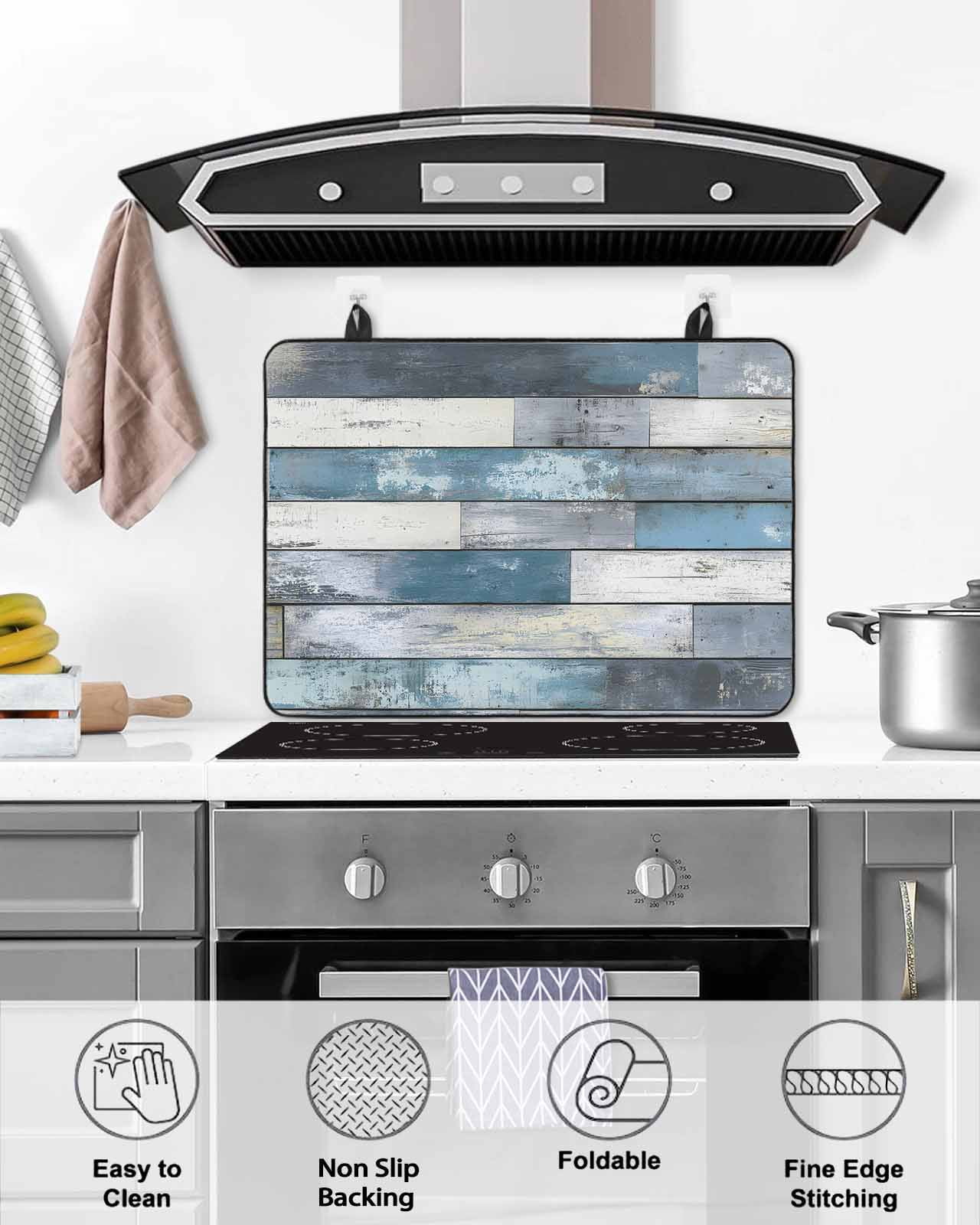 nqOlkjepod Large Induction Cooktop Protector Mat 24"x21", Blue Grey Wooden Stove Top Covers for Electric Stove, Farmhouse Vintage Cabin Stripes Stove Burner Cover Mats, Glass Top Stove Cover