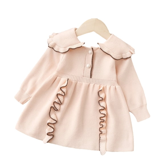 Godderr Newborn Baby Toddler Lacey Sweater Skirt 9M-4Y Lapel Pullover Knitwear Dress Fall Winter Skirt Outfit with Buttons for Girls