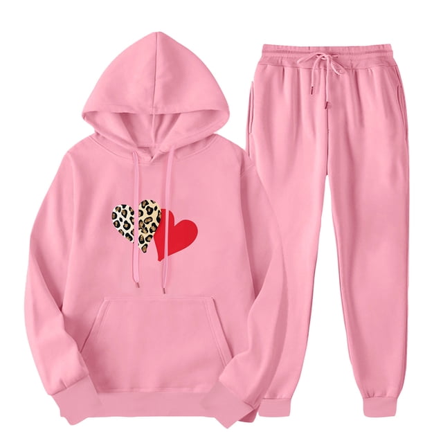 ZVAVZ Ensemble de Survêtement 2 Pcs pour Femme avec Imprimé Cœur Coloré, Chandail à Capuche avec Cordon de Serrage, Haut à Enfiler, Pantalon Long, Ensemble de Détente