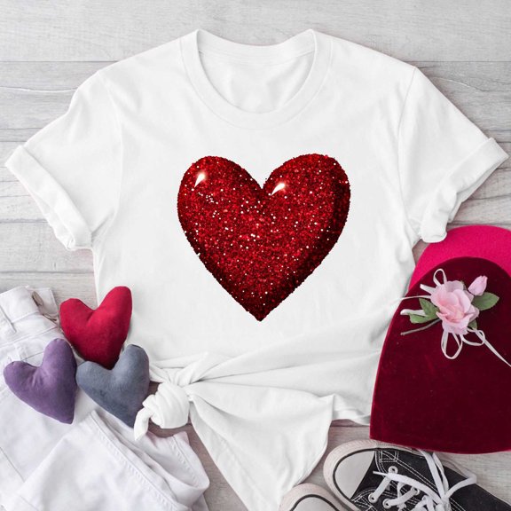 VKOYWKM Valentine's T-Shirts Women Cute Heart Print Short Sleeve Top Crew Neck Loose Fit Spring T Shirts Romantic Valentines Day Shirts