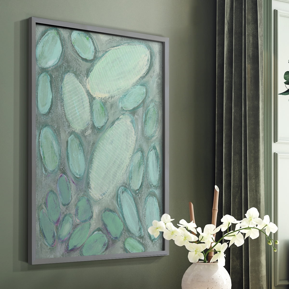 Blue Orbs II Framed Print in Gray Solid Wood Framed Print No Nail Hanging