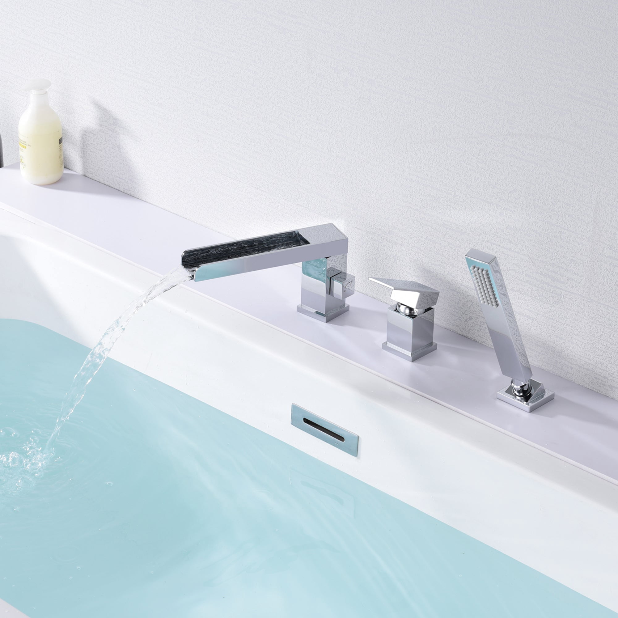 Waterfall Roman Tub Faucet with Hand Shower, 3 Hole Bathtub Faucet with Shower Diverter Chrome Finish Sumerain