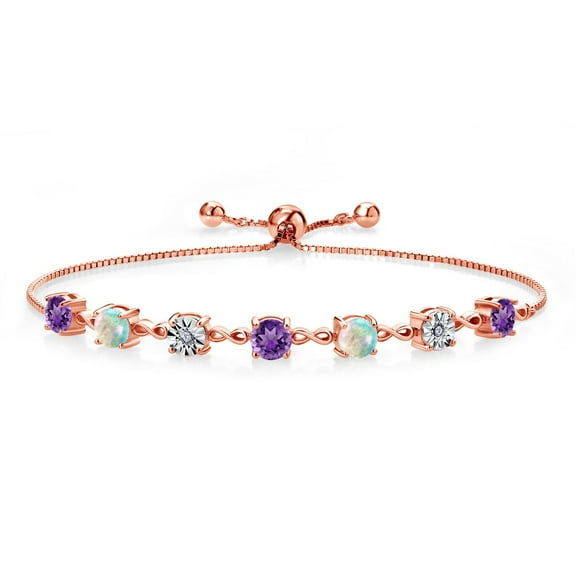 Gem Stone King 2.44 Ct Purple Amethyst White Simulated Opal 18K Rose Gold Plated Silver Lab Grown Diamond Tennis Bracelet for Women (Fully Adjustable up to 9 inch)