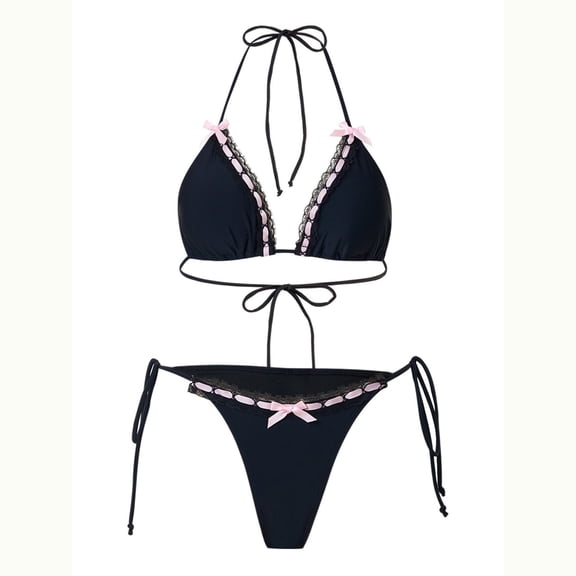 LOPECY-Sta 2 Piece Swimsuit for Women Lace Trim Halter Bikini Set Bow Tie Side Bathing Suit 2 Piece Beach Vacation Swimsuit Swimwear Set