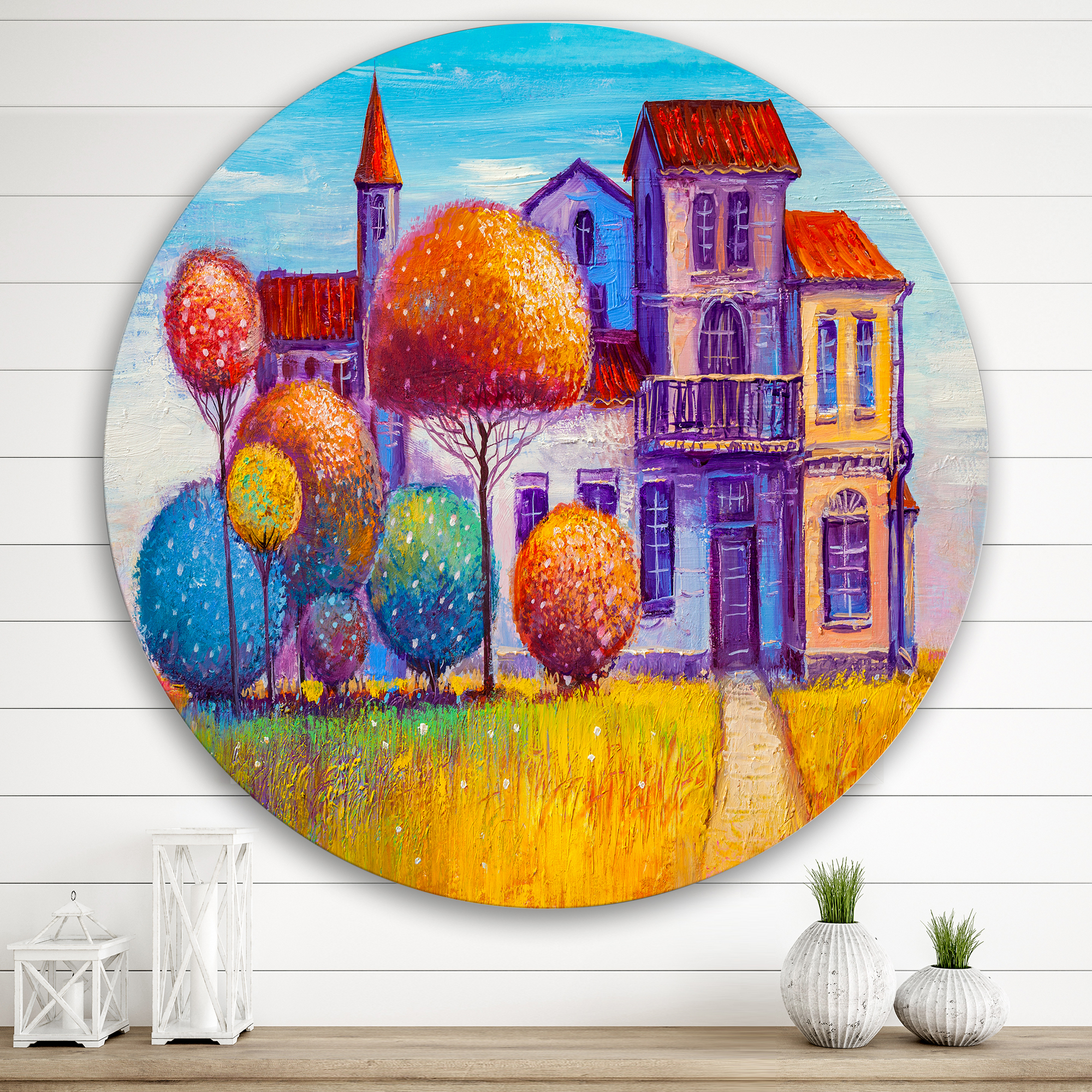 Designart 'Abstract Colorful House In The Fairy Tale VIllage' Traditional Circle Metal Wall Art 29x29 - Disc of 29