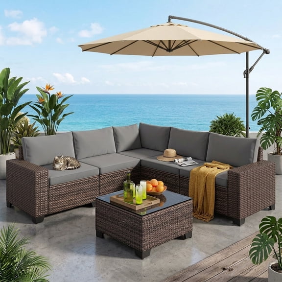 Asofer 7 Pieces Patio Furniture Set, Outdoor Conversation Sectional PE Rattan Wicker Furniture Sofa, Gray