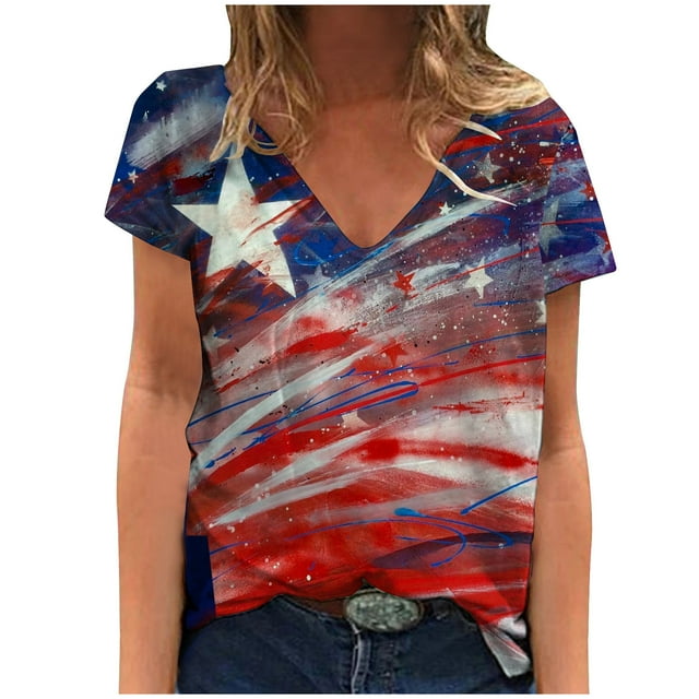 Moda para mujer Tops Printe Casual Loose Fit Camisetas Blusa Estampado con cuello en V Camisa Pompotops hkajfhjk465411