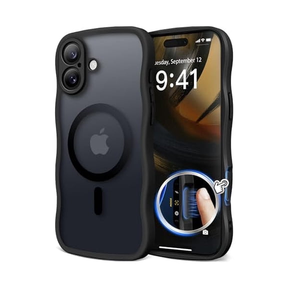 Eryueer for iPhone 16 Plus Case for Women Girls, Upgraded [Full Camera Protection] [Compatible with MagSafe] Cute Wave Translucent Matte Phone Case for iPhone 16 Plus, Black