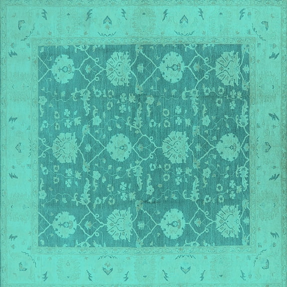 Ahgly Company Machine Washable Indoor Square Oriental Turquoise Blue Traditional Area Rugs, 7' Square