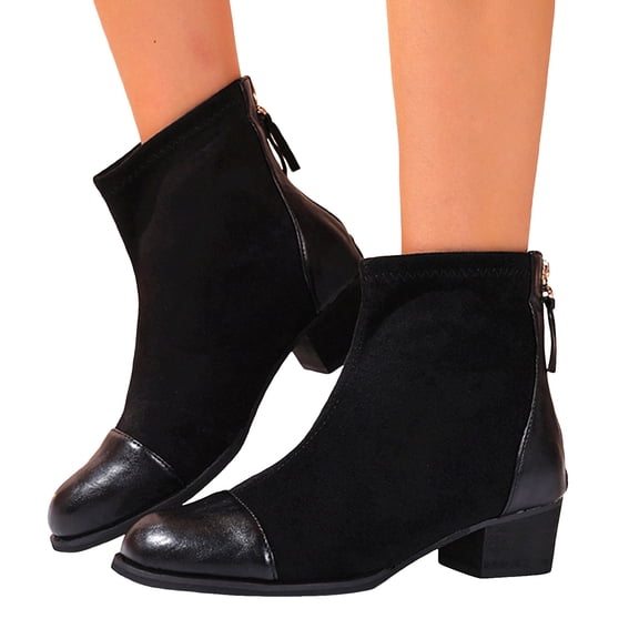 Ankle Boots for Women Stretch Suede Splice PU Leather Round Toe Chunky Heel Back Zipper Dressy Fall Booties
